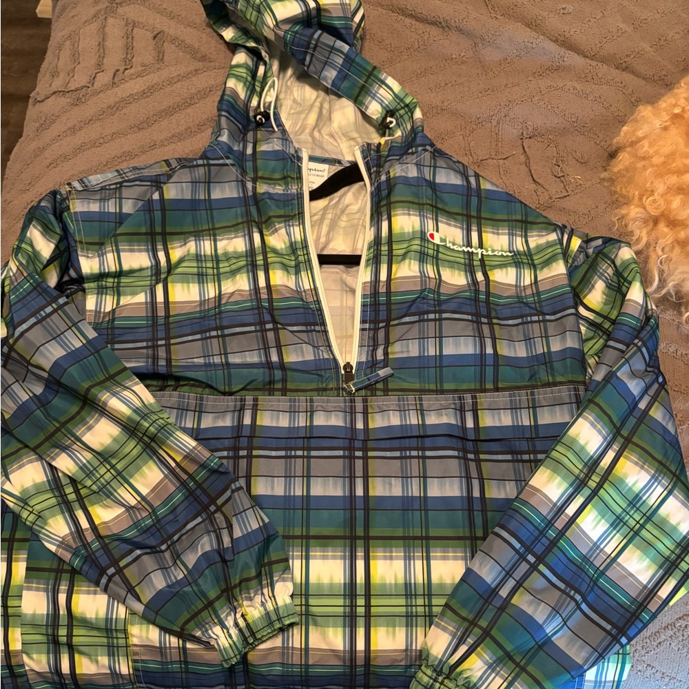 Champion Blue and Green Plaid Lightweight Windbreaker Jacket- 1/2 zip